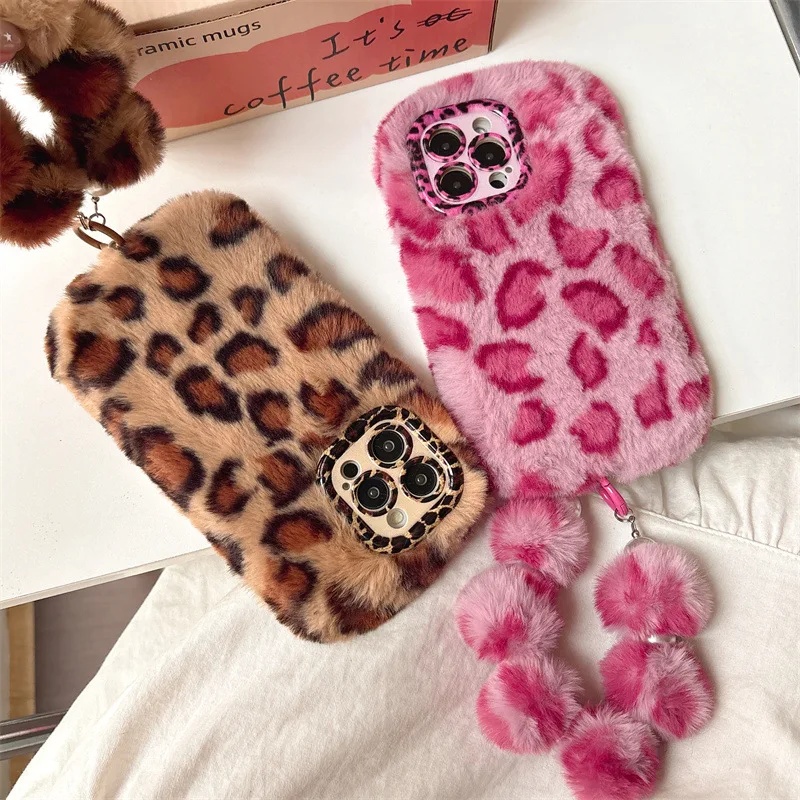 Phone Cases For Iphone 16 - Fashion Leopard Furry Plush Lens Bracket